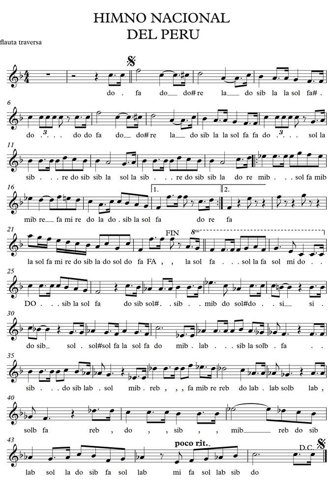 Partitura Interpretada - Himno Nacional del Perú, en Flauta